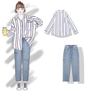 Striped Shirt / Distressed Straight-cut Jeans