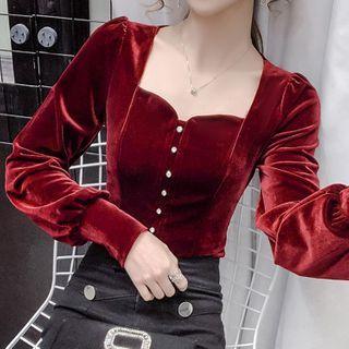 Long-sleeve Embellished Velvet Blouse