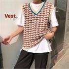 Pattern V-neck Knit Vest As Figure - One Size