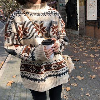 Patterned Turtleneck Sweater As Shown In Figure - One Size