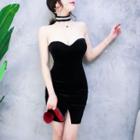 Velvet Strapless Slit Mini Bodycon Dress With Rhinestone Choker