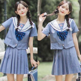 Set: Short-sleeve Sailor Collar Blouse + Pleated Skirt