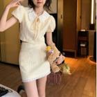 Short-sleeve Lace Collar Cropped Blouse / Mini Pencil Skirt