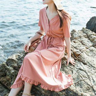 V-neck Short-sleeve Midi A-line Dress Orange Pink - One Size