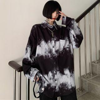 Long-sleeve Tie-dye Print Shirt Black & White - One Size