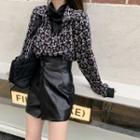 Printed Shirt / Faux Leather Mini A-line Skirt