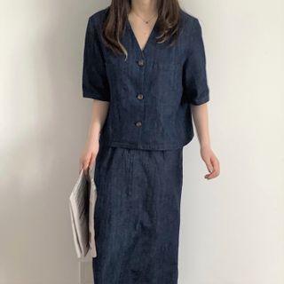 Elbow-sleeve Denim Shirt / Midi Skirt