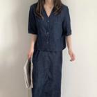 Elbow-sleeve Denim Shirt / Midi Skirt