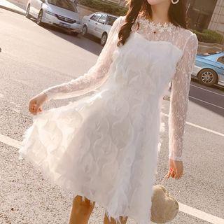 Long-sleeve Lace Panel Fringed A-line Dress