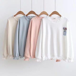Frilled Trim Embroidery Pullover
