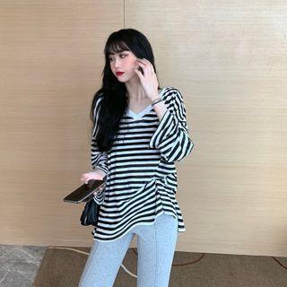 V Neck Striped Long-sleeve Top / High Waist Wide Leg Pants