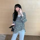 V Neck Striped Long-sleeve Top / High Waist Wide Leg Pants
