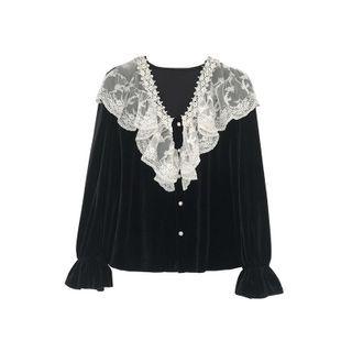 Lace Ruffled Velvet Blouse Black - One Size