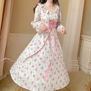 Long-sleeve Square-neck Sequined Floral Dress