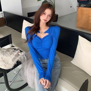 Long-sleeve Cutout Ruched Crop Top