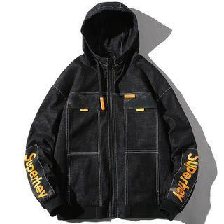 Lettering Print Hooded Denim Jacket