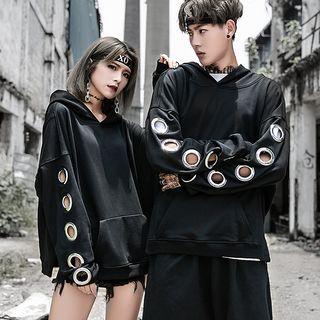 Dolman-sleeve Couple Long-sleeved Metal Ring Hooded Sweatshirt