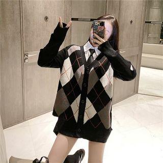 Argyle Cut-out Cardigan / Tie-neck Shirt