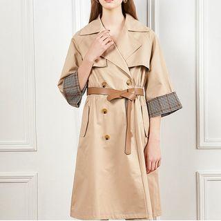 3/4-sleeve Houndstooth-lined Double-breasted Trench Coat