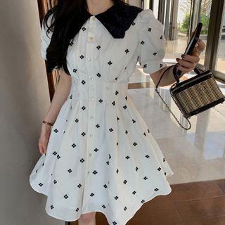 Short-sleeve Floral Embroidered Button-up Midi Dress