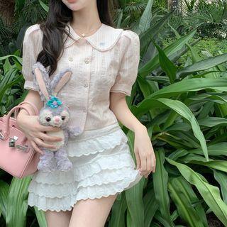 Short-sleeve Double-breasted Blouse / Tiered Mini A-line Skirt