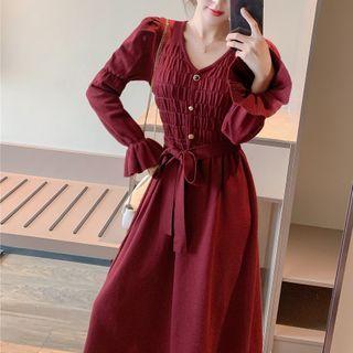 Tie-waist Ruched Buttoned Knit Midi Dress