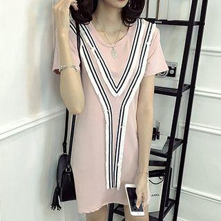 Striped Fringed Short Sleeve T-shirt Dress