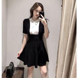 Collared Colorblock Short-sleeved Knit Dress
