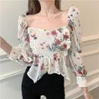 Flower Square-neck Slim-fit Chiffon Cropped Long-sleeve Top As Shown In Figure - One Size