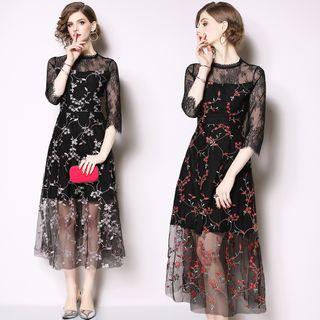 Embroidered 3/4-sleeve Midi Mesh Cocktail Dress