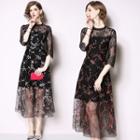 Embroidered 3/4-sleeve Midi Mesh Cocktail Dress