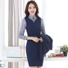 Plain Blazer / Sleeveless Dress / Long-sleeve Blouse Set