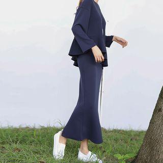 Set: Round-neck Ruffle-hem Top + Band-waist Midi Skirt Black - One Size