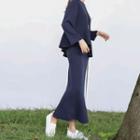 Set: Round-neck Ruffle-hem Top + Band-waist Midi Skirt Black - One Size
