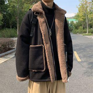 Fleece-lined Faux Suede Zip-up Coat