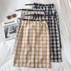 Color-block Check High-waist A-line Skirt With Belt