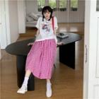Short-sleeve Cat Print T-shirt + High-waist Plaid Skirt