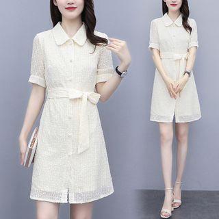 Short-sleeve Tie-waist Mini A-line Shirtdress