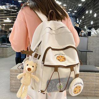 Cartoon Print Mesh Panel Nylon Backpack / Bag Charm / Pouch / Set