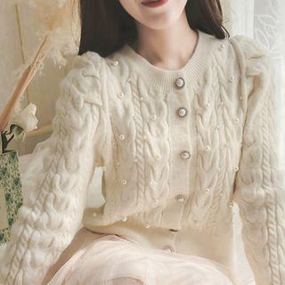 Faux Pearl Accent Cardigan Off-white - One Size