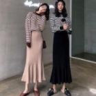 Ruffle Hem Straight-fit Midi Knit Skirt / Striped Pullover