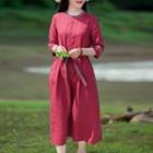 3/4-sleeve Floral Embroidered Trim A-line Dress
