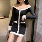 Off-shoulder Long-sleeve Two-tone Mini Sheath Dress
