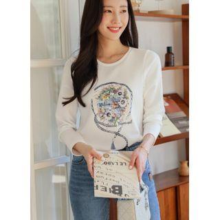 Beaded Flower-printed T-shirt