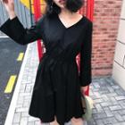 V-neck Plain Long-sleeve Dress