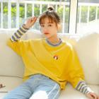 Long-sleeve Striped Panel Embroidered T-shirt
