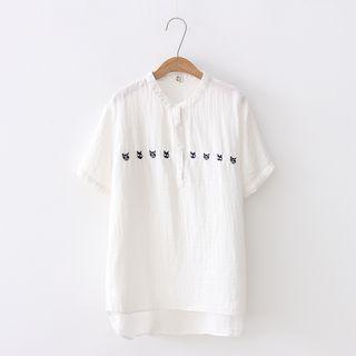 Short-sleeve Cat Embroidered Blouse White - One Size