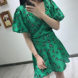 Short-sleeve V-neck Floral Printed Mini Dress