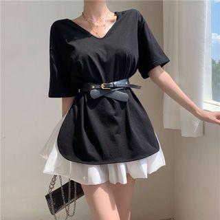 Short-sleeve Side-slit T-shirt / Mini A-line Skirt / Faux Leather Belt