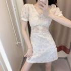 Short-sleeve V-neck Lace Mini A-line Dress